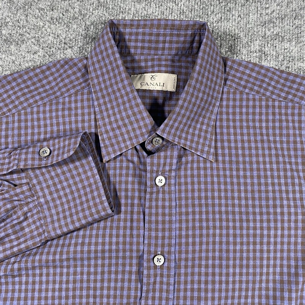 Canali Mens Large Gingham Check Long Sleeve Oxford Button Shirt Made in Italy - Picture 1 of 8